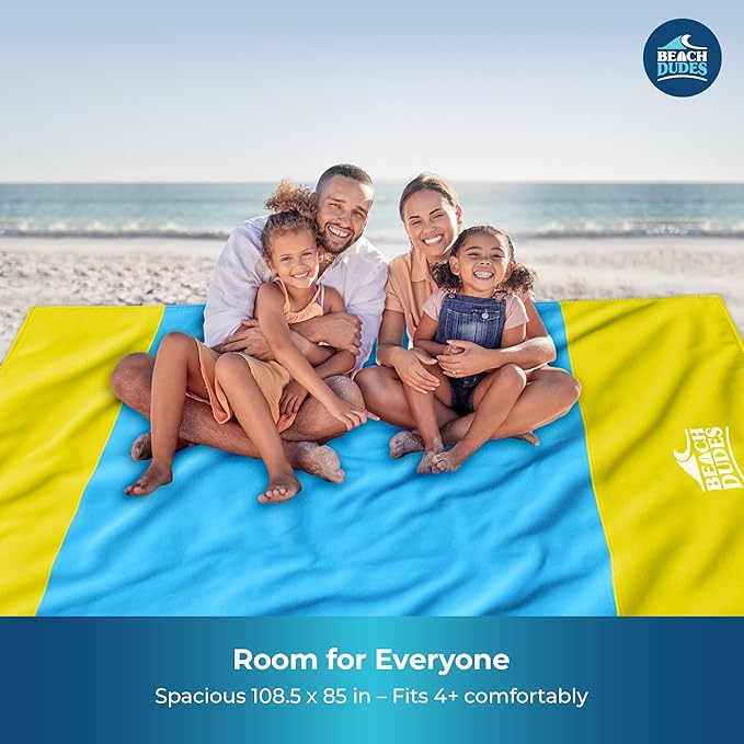 Sunny Day Oversized Beach Blanket - 108x84 XL Sandproof Water-Resistant Picnic Mat | Lightweight Ripstop Nylon for Travel &amp Camping | Includes 4 Stakes and Carry Bag