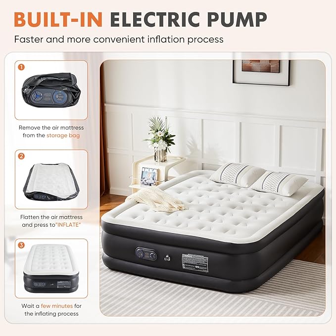 22 Inflatable Air Mattress with Built-in Pump Double Height Non-Slip 660lb Capacity - Queen Size