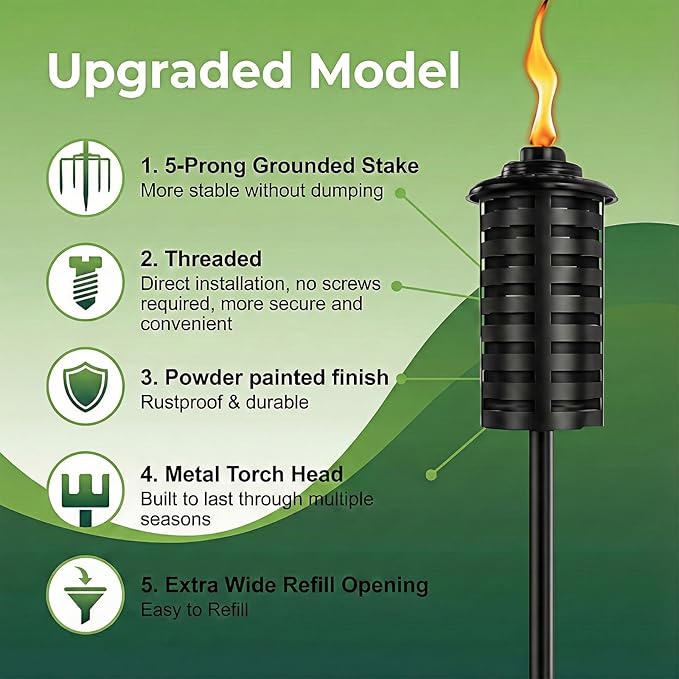 6-Pack Home Garden Torch 16 Oz Outdoor Black Metal Torch Garden Décor60-Inch Upgraded Citronella Torches with 5-Prong Grounded Stake Metal Light Torches for Party Patio Pathway