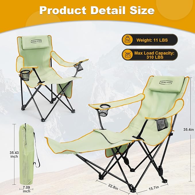 YOUNG WOOD Camping Lounge Chair Portable Reclining Camping Chair with Foot Rest Folding Camping Chair for Adults Headrest &amp Storage Bag Mesh Recliner with Backpack 330lbs Weight CapacityGree