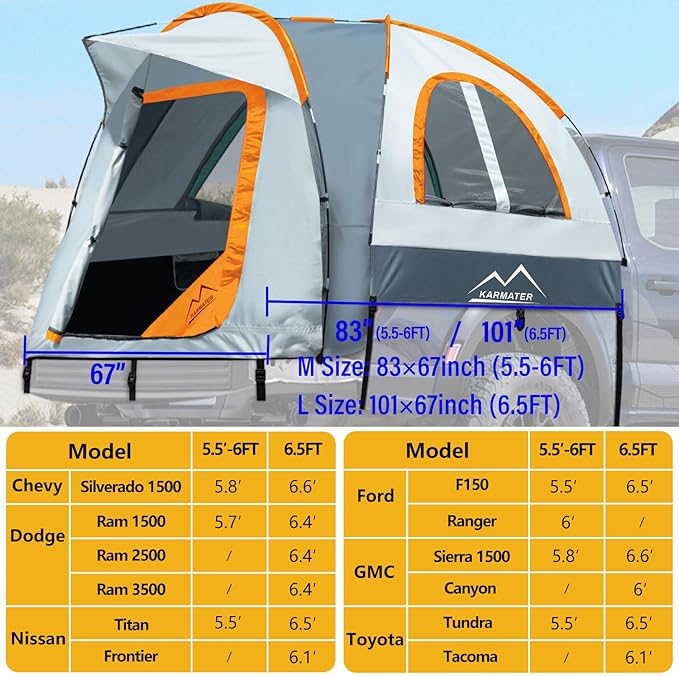 Pickup Truck Tent Waterproof PU2000mm for Camping 5.5-6 Ft Bed2-Person Sleeping with Double Layer Design Windows Portable Overland Tent Expandable Triangle Sunshade Awning