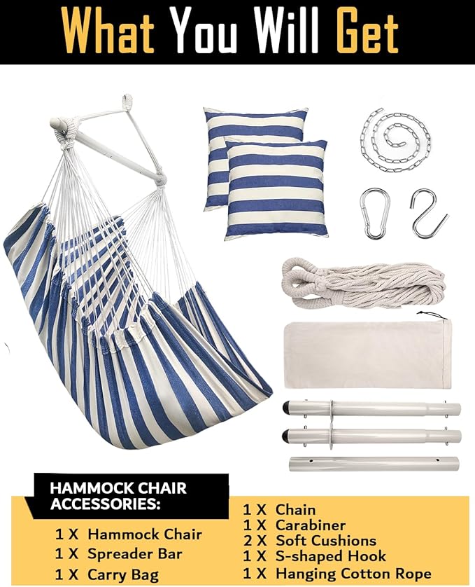 ADVOKAIR Hammock Chair Large 70.9x47.2 32% Bigger XXL Hanging Swing Chair with 500lbs Capacity Heavy Duty Steel Spreader Bar Extra Roomy Comfort for Adult Indoor Outdoor Bedroom Patio