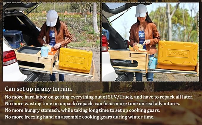 Wooden Overland Camping Slide-Out Kitchen with Drawer Left Side for SUV/Storage Space for 2 Burners Stove Folding Design