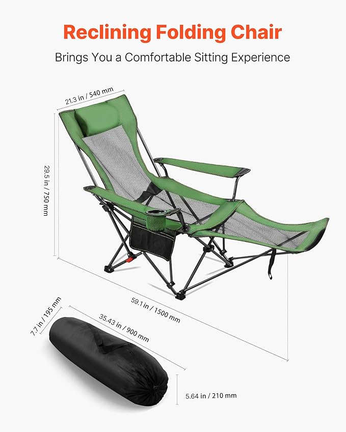 VEVOR Reclining Camping Chair 4 Adjustable Positions Portable Folding Lounger for Adults Mesh Beach Chair with Headrest &amp Foot Rest Supports 220 lbs Heavy Duty Camp Chairs for Patio Green