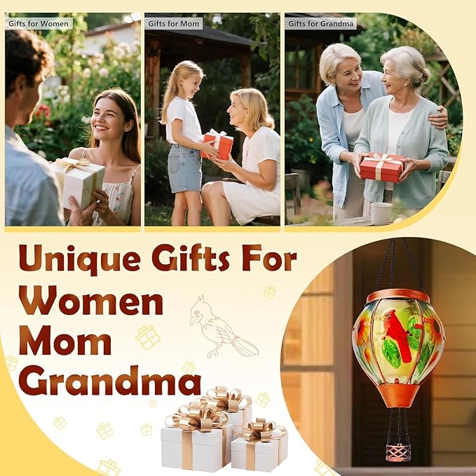 Solar Hot Air Balloon Lantern with Flame Cardinal Glass Solar Hanging Lights Outdoor Yard Patio Farmhouse Decoration Cardinal Gifts for Women Grandma Mom(4 Pack)