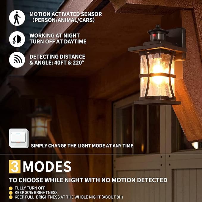 2 Packs Motion Sensor Outdoor Wall Lights - Upgrade Dusk to Dawn Porch Lighting LED Exterior Lantern Fixture Wall Sconce Waterproof Outside Light For House Black Anti-Rust Lamp For Garage Doorway