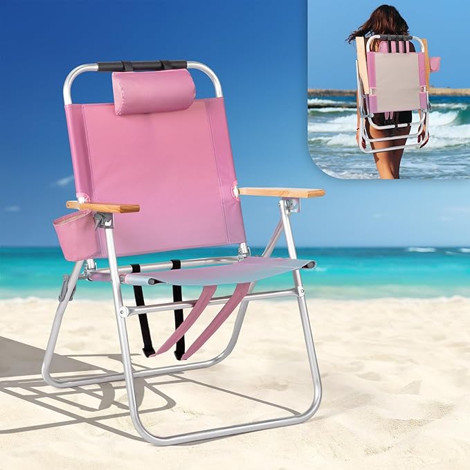 VINGLI Aluminum Backpack Beach Chair – Tall Beach Chairs for Adults Portable with Adjustable Straps 3-Position Reclining Cup Holder High Lightweight Beach Chairs for Beach (Pink 17 High)