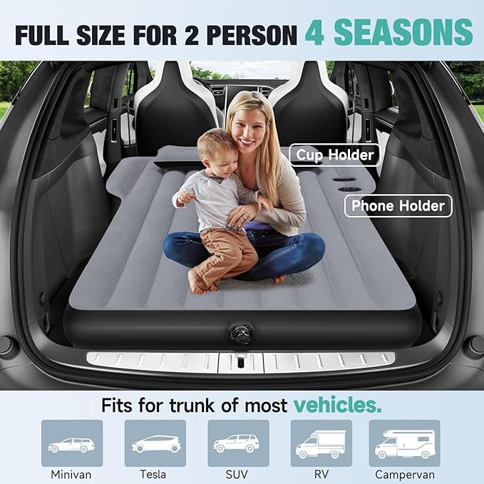 Tesla Model Y Mattress Inflatable SUV Mattress for Portable Camping Mattress Foldable Air Mattress with Air Pump and Storage Bag for Tesla Model Y and SUV Travel Gray