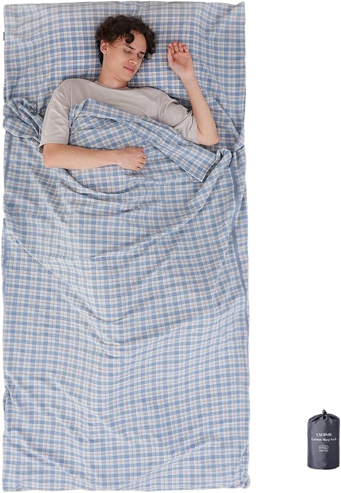 100% Cotton Sleeping Bag Liner with Full Length Zipper on 3 Sides Single/Double Adult Sleep Sack for Travel &amp Camping Multifunctional Travel Sheets (Unzipped 87”x87”) for Hotel Lightweight