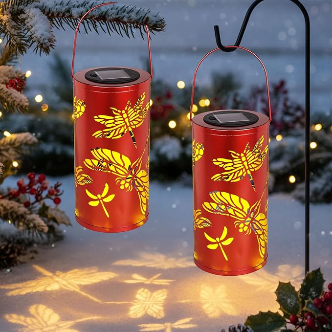 12.8 Large Size 2-Pack Outdoor Solar Lanterns Waterproof Metal Dragonfly Patterns Garden Decor Gifts for Women Mom Grandma Hanging Solar Lanterns for Outside Yard Patio Backyard Porch