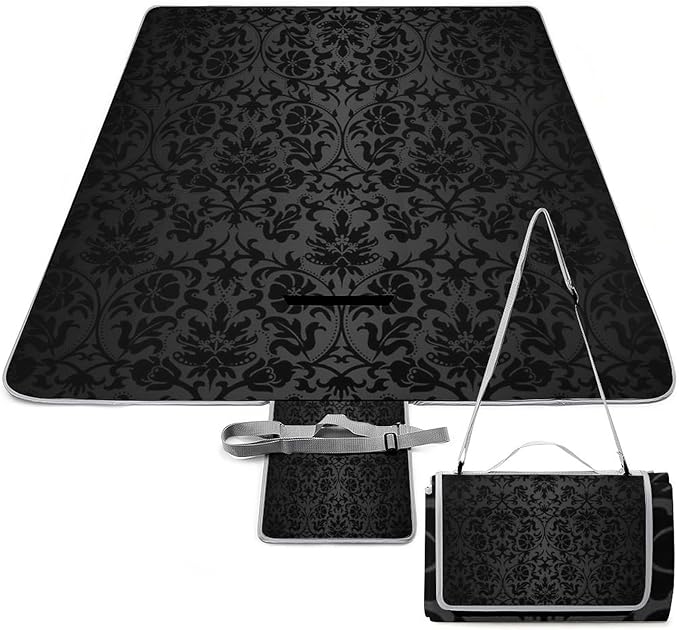 Black Floral Damask Photographic Print Waterproof Outdoor Picnic Blanket Sandproof Beach Mat for Camping Hiking Grass Travelling