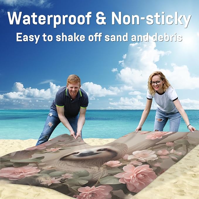 Waterproof Sandproof Beach Blanket 59''×68'' Sloth Polyester Outdoor Picnic Blanket with 4 Stakes &amp Storage Bag for BeachCampingVacation Flower