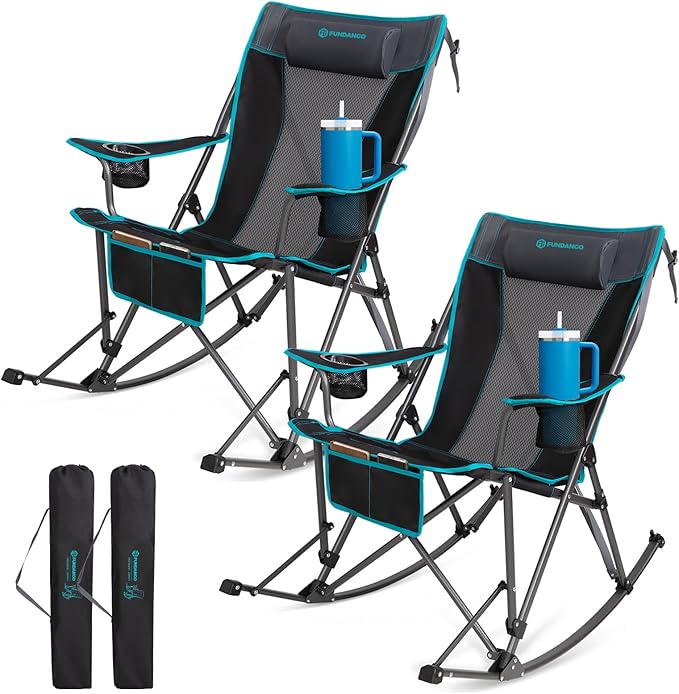 FUNDANGO Oversized Rocking Camping Chair for Adults 2 Pack Portable Folding Lawn Chairs for Outside with Pillows Wide Armrest 2 Cup Holders Carry Bag for Patio Garden Outdoor Supports 400Lbs