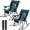 FUNDANGO Oversized Rocking Camping Chair for Adults 2 Pack Portable Folding Lawn Chairs for Outside with Pillows Wide Armrest 2 Cup Holders Carry Bag for Patio Garden Outdoor Supports 400Lbs