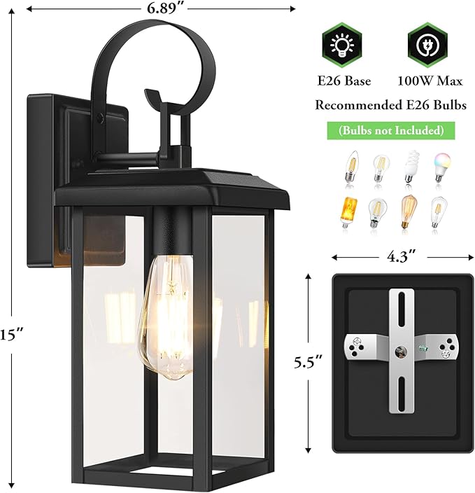 BesLowe 2-Pack Outdoor Wall Light Fixtures 15 Exterior Lighting Fixtures Wall Mount Waterproof Porch Lights Outdoor Wall Sconces Lanterns Modern Outside Lights for House Front Door Garage Black