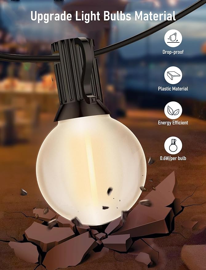 G40 25FT LED Outdoor String LightsFrosted Patio Lights with 27 (2 Spare) Plastic Shatterproof Globe BulbsConnectable Outside Hanging Lights for PorchGarden BackyardWedding Decor