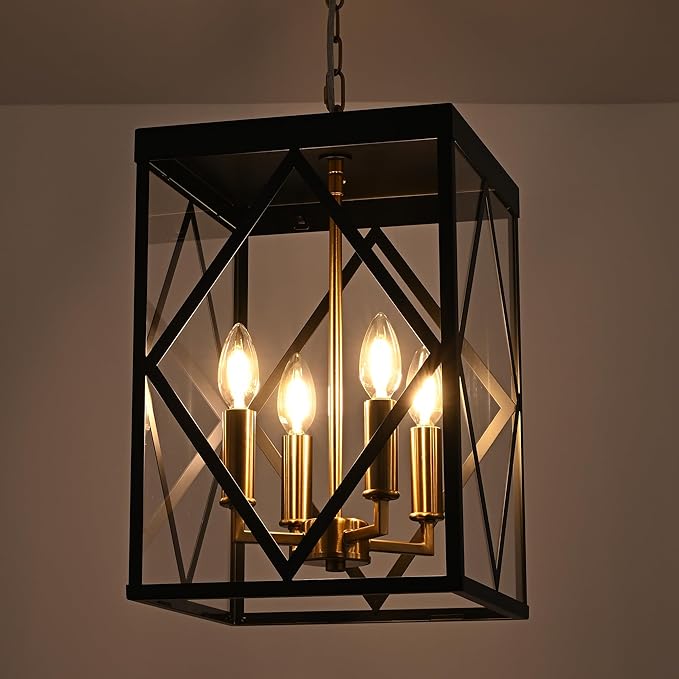Outdoor Pendant Light for Porch 4-Light Modern Metal Exterior Hanging Lantern Pendant Light Outside Chandelier Black with Clear Glass or Front Porch Entrance Foyer Entryway Brass Socket