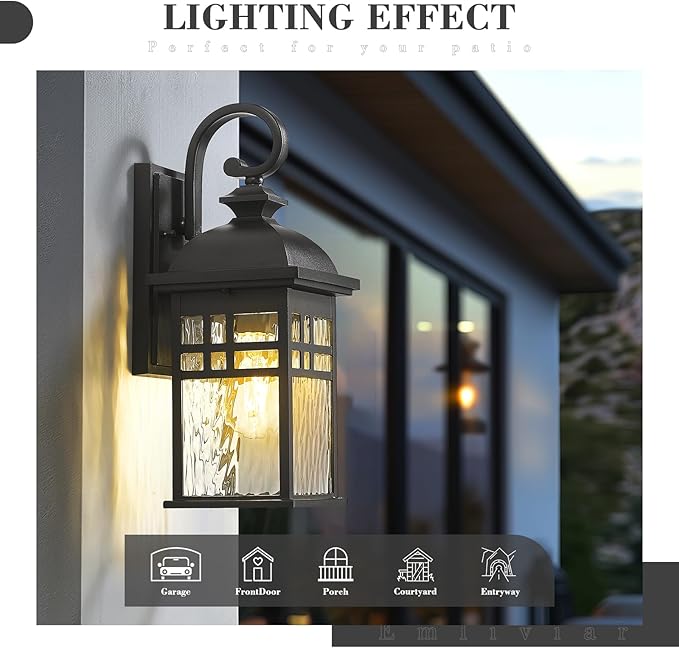Emliviar Modern Porch Wall Sconces Set of Two 15 Wall Lights Outdoor with Water Ripple Glass Black Finish DE279B-2PK BK-WP