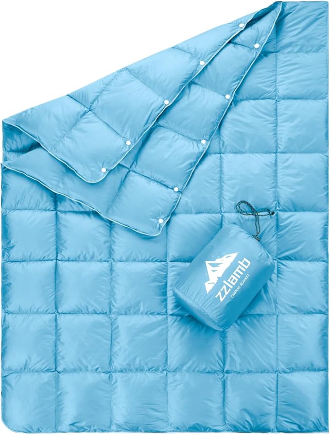 zzlamb Puffy Down Camping Blanket Water-Repellent Down Throw Travel Blanket Portable for Outdoor Light Warm Quilt for Couch Plane Car Theater Stadium Picnic RV Backpacking Hammock
