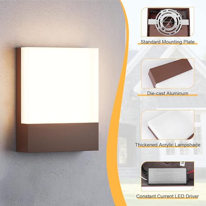 Modern Outdoor Led Wall Light 24W 3000K Wall Porch &amp Patio LightExterior Hardwired Wall Light FixturesIP65 Waterproof Square Wall Lamp for Garage Front DoorHouse Yard(Rust1-Pack)