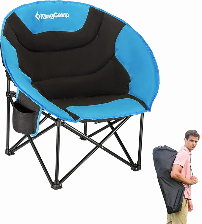 KingCamp Oversized Saucer Round Camping Chair Portable Padded Outdoor Folding Chair for Adult with Cup Holder Back Pocket Carry Bag Support Up to 300lbs Blue