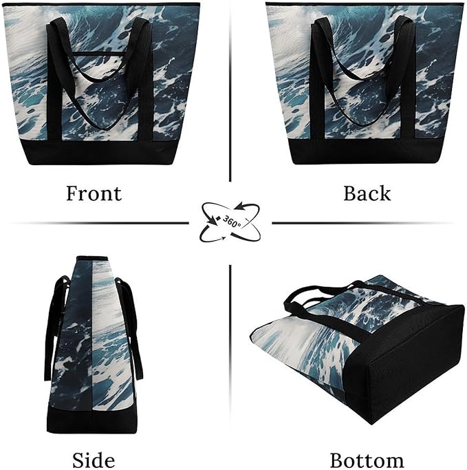 Insulated Shopping BagLarge Reusable Cooler Bags Beach Foam Wave Printed Foldable Shopping BagTravel Waterproof Shoulder Bag