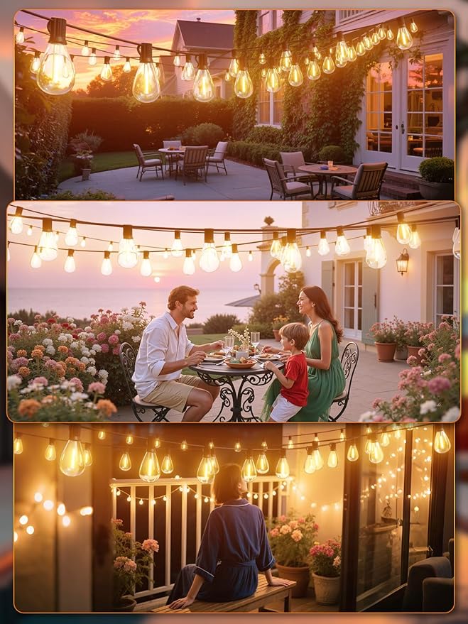 luckystyle 50FT LED Outdoor String Lights with Remote16+1 Shatterproof Bulbs Waterproof and Dimmable Patio Lights for Porch Garden Backyard Deck Balcony 2200K Hanging Lighting