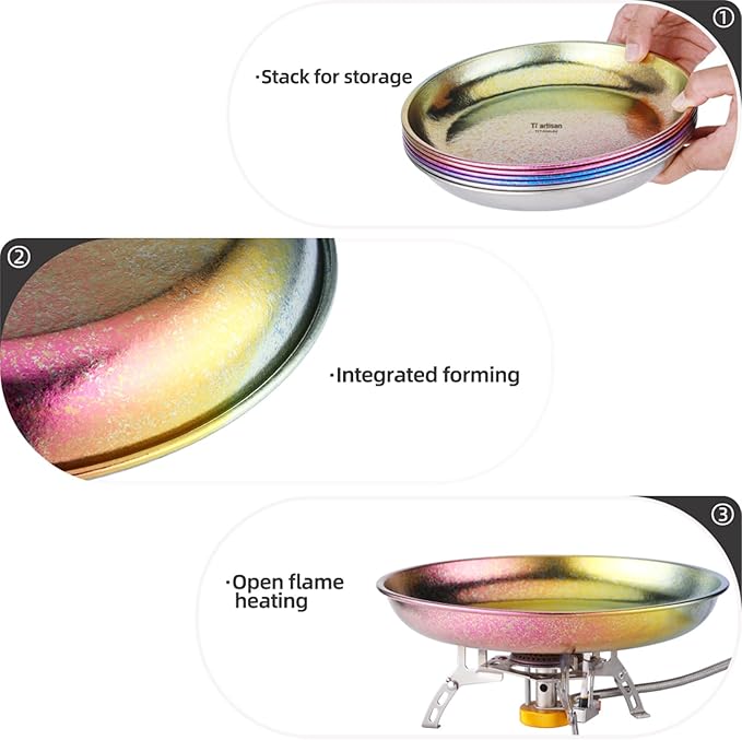 Titanium Camping Plate Titanium Pan Dish Plate Lightweight Round Dinnerware Tableware Cooking Utensils Pasta Plates Bowl 27fl oz(TA8220IA)