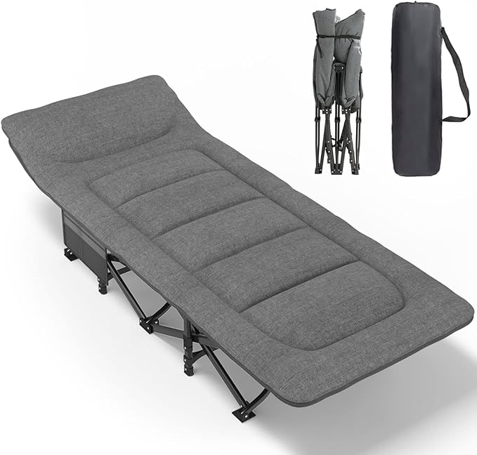 ATORPOK Camping Cot for Adults with Cushion and Pillow Portable Folding Bed for Sleeping Lightweight Tent cot with Carry Bag Supports 450 lbs (Grey)