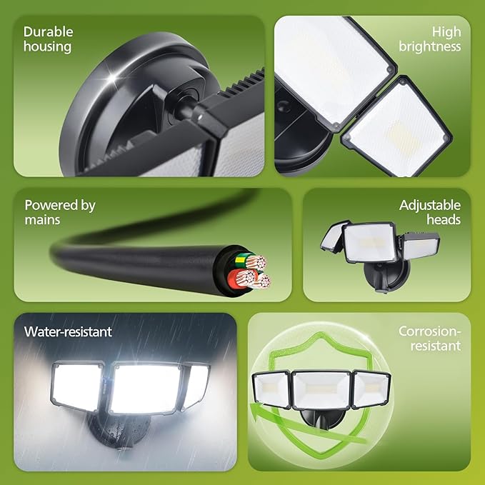 Philips 72W 7400LM LED Flood Lights Outdoor Switch Controlled Aluminum Security Lights 3 Adjustable Heads Wall Mount 5000K Daylight Waterproof for Yard Garage (2 Packs)