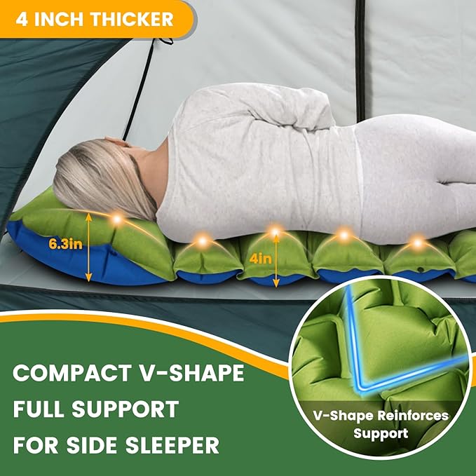 Camping Sleeping Pad 4in Thick Ultralight Inflatable Camping Mat with Pillow Built-in Foot Pump Sleeping Mat Wide Compact Camping Pad for Travel Tent Hiking Backpacking Trip Car Camp Gear