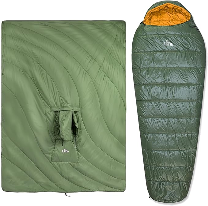 iClimb 1 Hooded 3M Thinsulate Insulation Warm Blanket and 1 3M Thinsulate Insulation Sleeping Bag Ultralight Compact for Adults Outdoor Camping Backpacking Hiking