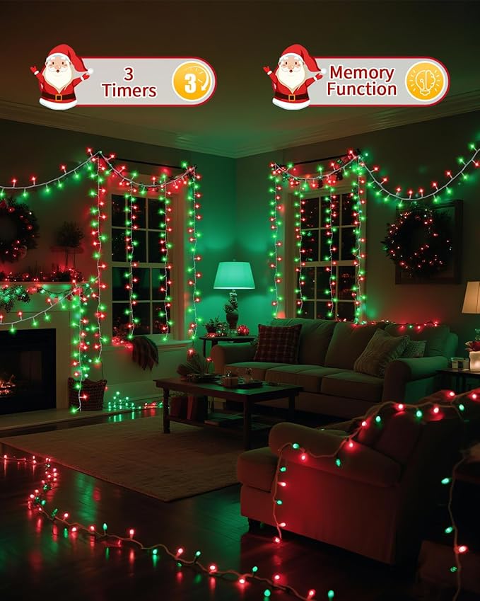 Christmas Lights String Outdoor Indoor Xmas Tree Decorations Lights Plug in Twinkle Fairy Light with Remote Timer Dimmable for Room Yard Holiday Party Wedding Decor (Red and Green 403FT 1200 LED)