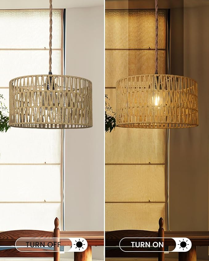 12.6 Inch Boho Hanging Light with Plug in Cord Rattan Hanging Lamp Hand Woven Rattan Wall Lightfor Bedroom Living Room Kitchen Nursery E26 Base IndoorWithout Bulb
