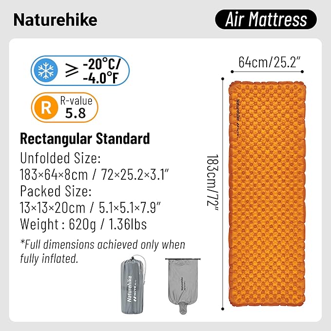 Naturehike Ultralight Insulated Sleeping Pad - R5.8 Insulated Inflatable Sleeping Pad 3.1in Thickened Portable Compact Backpacking Sleeping Mat for Camping Hiking Climbing with Inflatable Bag