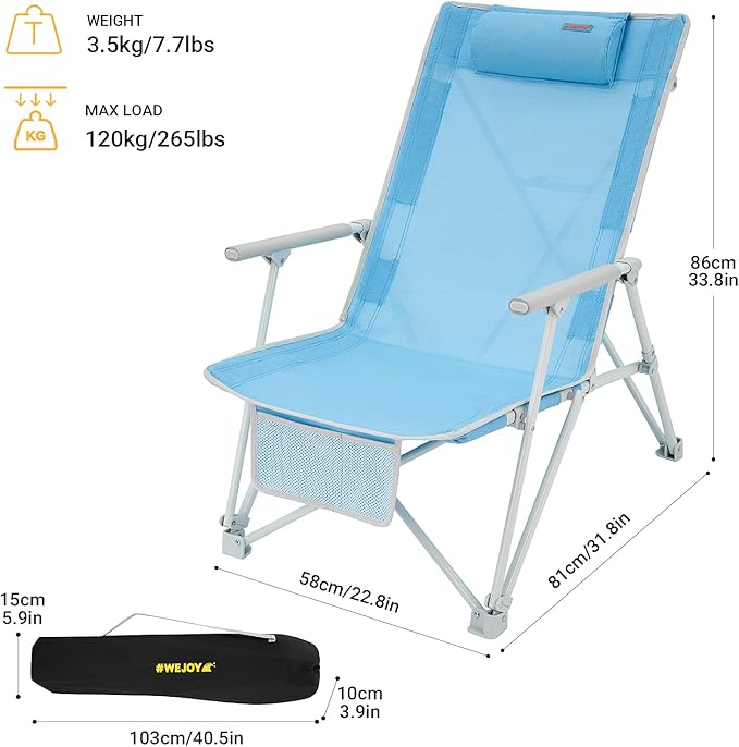 #WEJOY High Back Beach Chairs Portable Low Folding Beach Chair for Adults with ArmrestHeadrest for Outdoor Lawn Festival Sand Concert Travel BBQ300 LBS