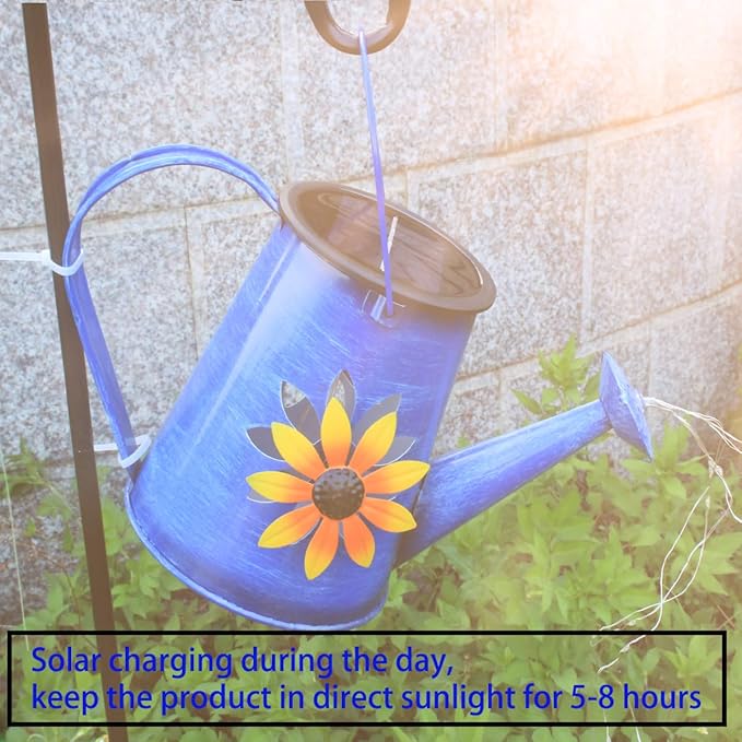 Blue Solar Watering Can with LightSolar Powered Waterfall Lights 1 Pack 60 LED(Includes Shepherd Hook) for GardenYard Path Christmas Holiday Decoration