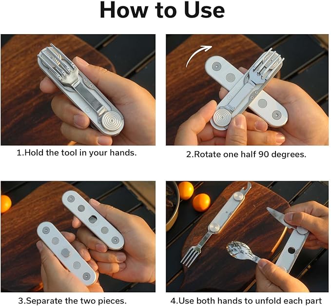 CIVIVI Partake 4-in-1 Camping Utensil Detachable Stainless Steel Folding Knife Fork Spoon &amp Bottle Opener Multi-Tool with Waxed Canvas Pouch for Travel Camping Hiking C24032C-3 Silver