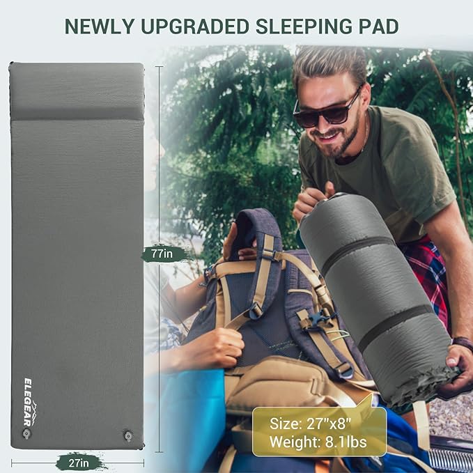 Elegear Self Inflating Sleeping Pad 3.15 Ultra-Thick Memory Foam Camping Pad with Pillow Fast Inflating in 20s Insulated Camping Mattress Pad 4-Season Camp Sleeping Mat for Camp/Travel/Car/Tent
