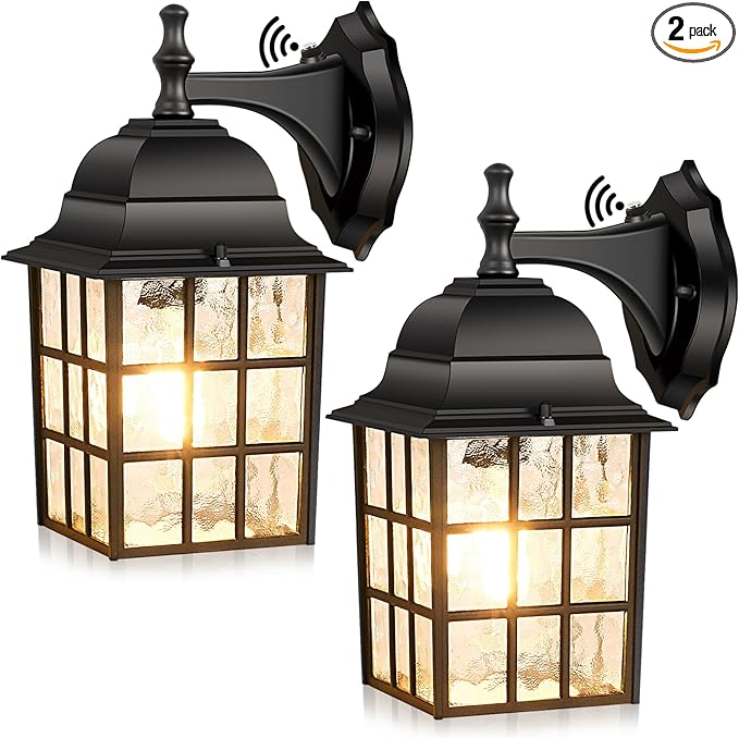 Brightever 2-Pack Dusk to Dawn Outdoor Wall Lantern Exterior Light Fixtures with Photocell Sensor Black Wall Light Waterproof Waterfall Glass Outside Wall Sconce for Porch House Garage