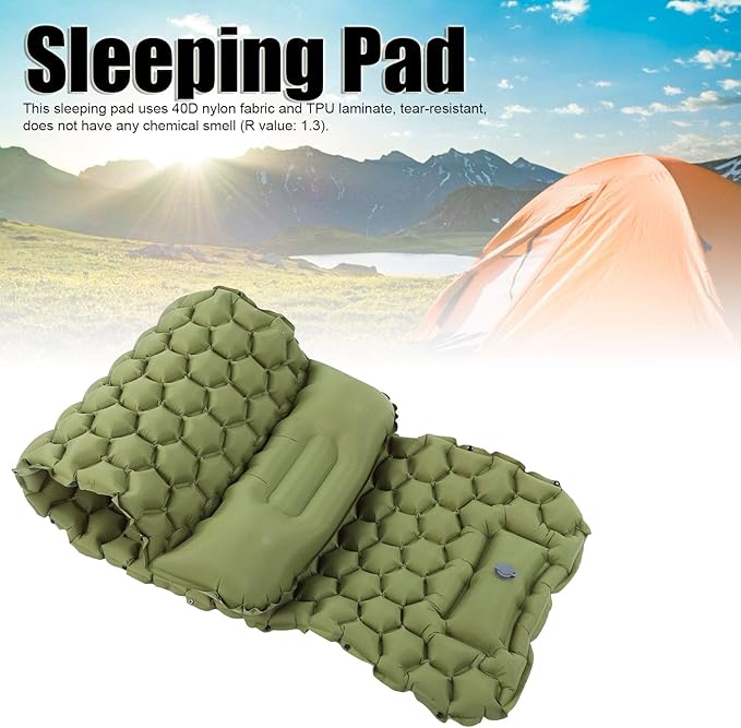Camping Sleeping Pad with Foot Press Inflation &amp 3D Support - Lightweight Air Mattress (700g) for Backpacking 40D Nylon TPU Compact for Travel