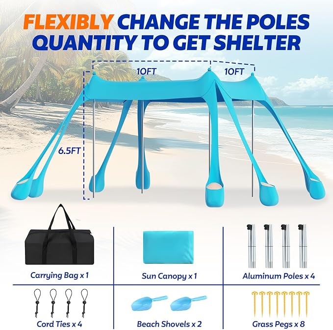 FAHKNS Beach Tent Camping Sun Shade UPF50+ with 8 Sandbags Sand Shovel Ground Spikes and Stabilizer Poles 10x10ft Beach Sunshade Beach Tent for Camping Backyard Entertainment (Light Green)