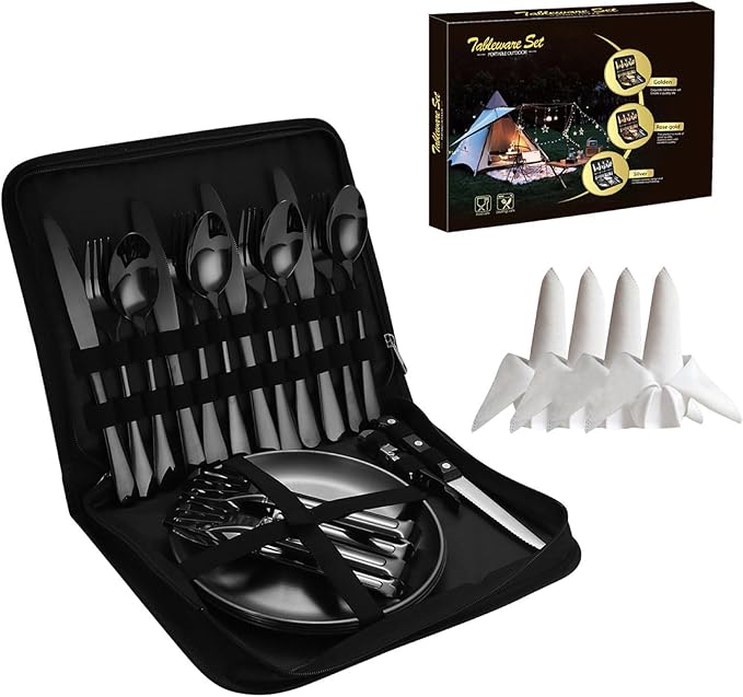 Camping Mess Kits with Portable Case Stainless Steel Outdoor Picnic Dinnerware Set with Plate Spoon Fork Knife Cloth Napkins