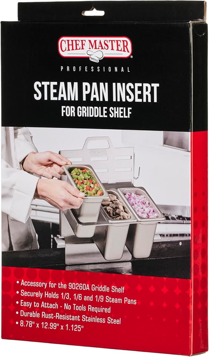 Chef Master Steam Pan Insert for Griddle Shelf Set – Fits 1/3 1/6 &amp 1/9 Steam Pans - Keeps Your Ingredients in One Place - Grill Accessories For Restaurants Diners &amp Food Trucks - Fits 90260