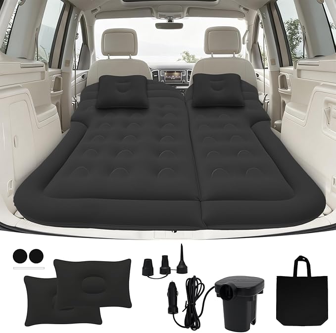 Car Air Mattress - Inflatable Bed SUV Mattress for Cars RV Truck Backseat Trunk Portable Camping Bed Flocked Airbed Sleeping Mat for Vehicle Travel Road Trip Indoor&ampOutdoor Activities (Black)