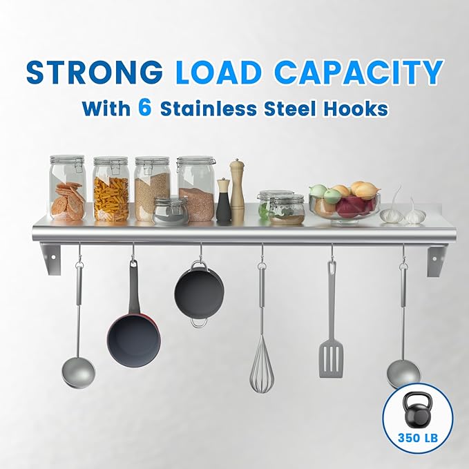 Treshin Stainless Steel Shelf with 6 Hooks 14 x 48 Inches Commercial Wall Mount Floating Shelving Storage Pot Rack for Restaurant Kitchen Home Bar and Hotel