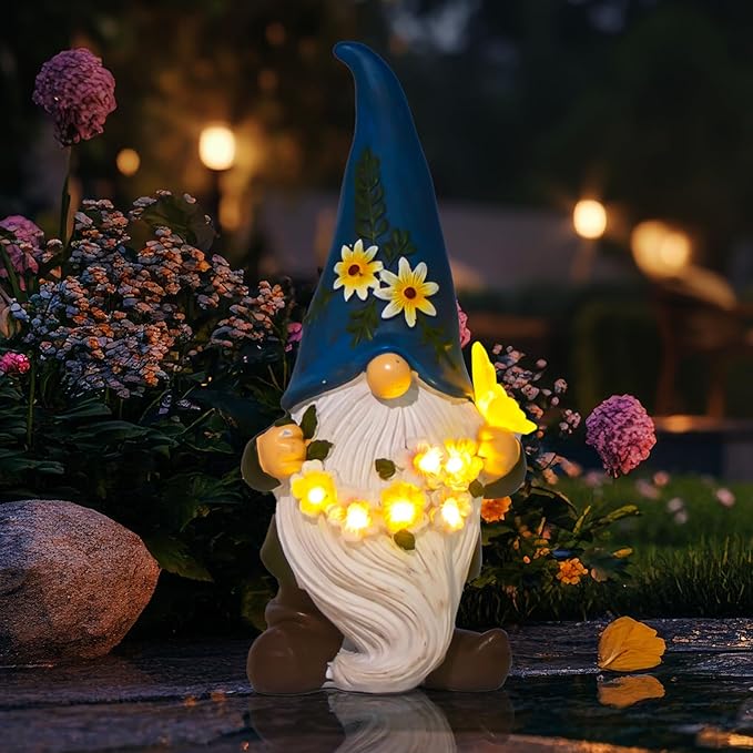 DKJOCKY Gnome Garden Decor Statue with Solar Light Lantern Funny Waterproof Resin Figurine Outdoor Decorations for Yard Patio Lawn Balcony Porch Birthday Gifts for Women Mom Grandma