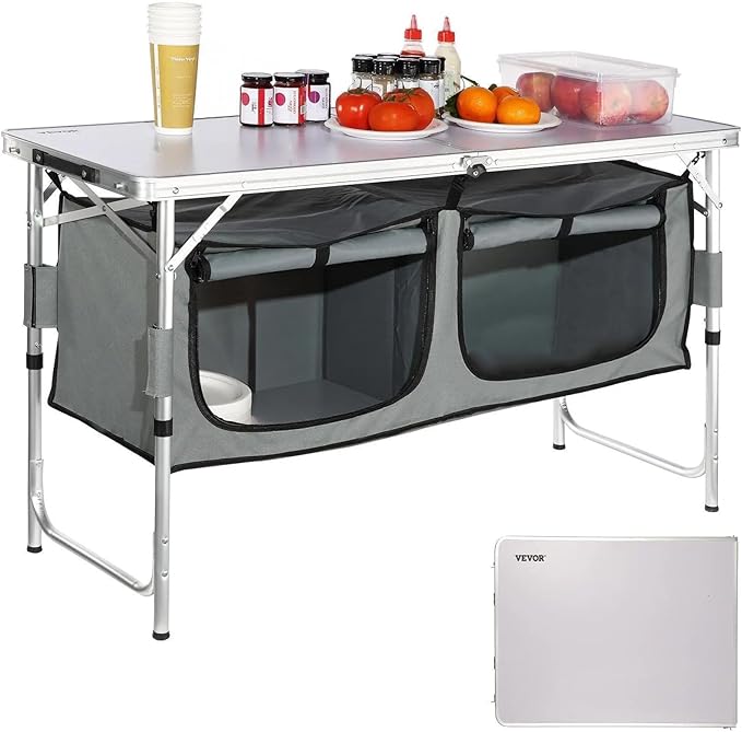 VEVOR Camping Kitchen Station 3 Adjustable Height Folding Outdoor Camp Cooking Table with Storage Organizer Quick Set-up for Patio BBQ Picnic Glamping Traveling