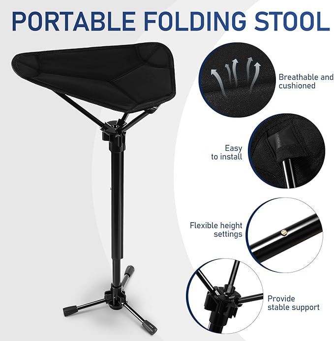 Outdoor Folding Stool Portable Collapsible Tripod Seat Adjustable Height Lightweight Camping Chair for Fishing Hiking Queuing