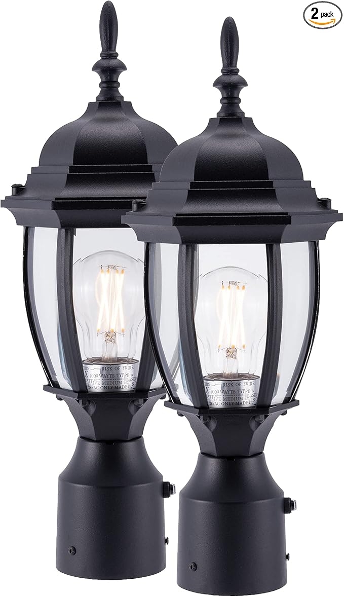 LIT-PaTH Dusk to Dawn Outdoor Post Lighting Fixture Pole Lantern E26 Medium Base Max 60W Aluminum Housing Plus Glass Bulb Not Included (Black 2-Pack)